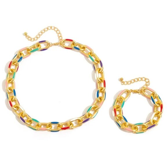 NWT Necklace & Bracelet Jewelry 2PCs Set Colorful Enamel Chunky Oval Link Choker - Picture 1 of 7
